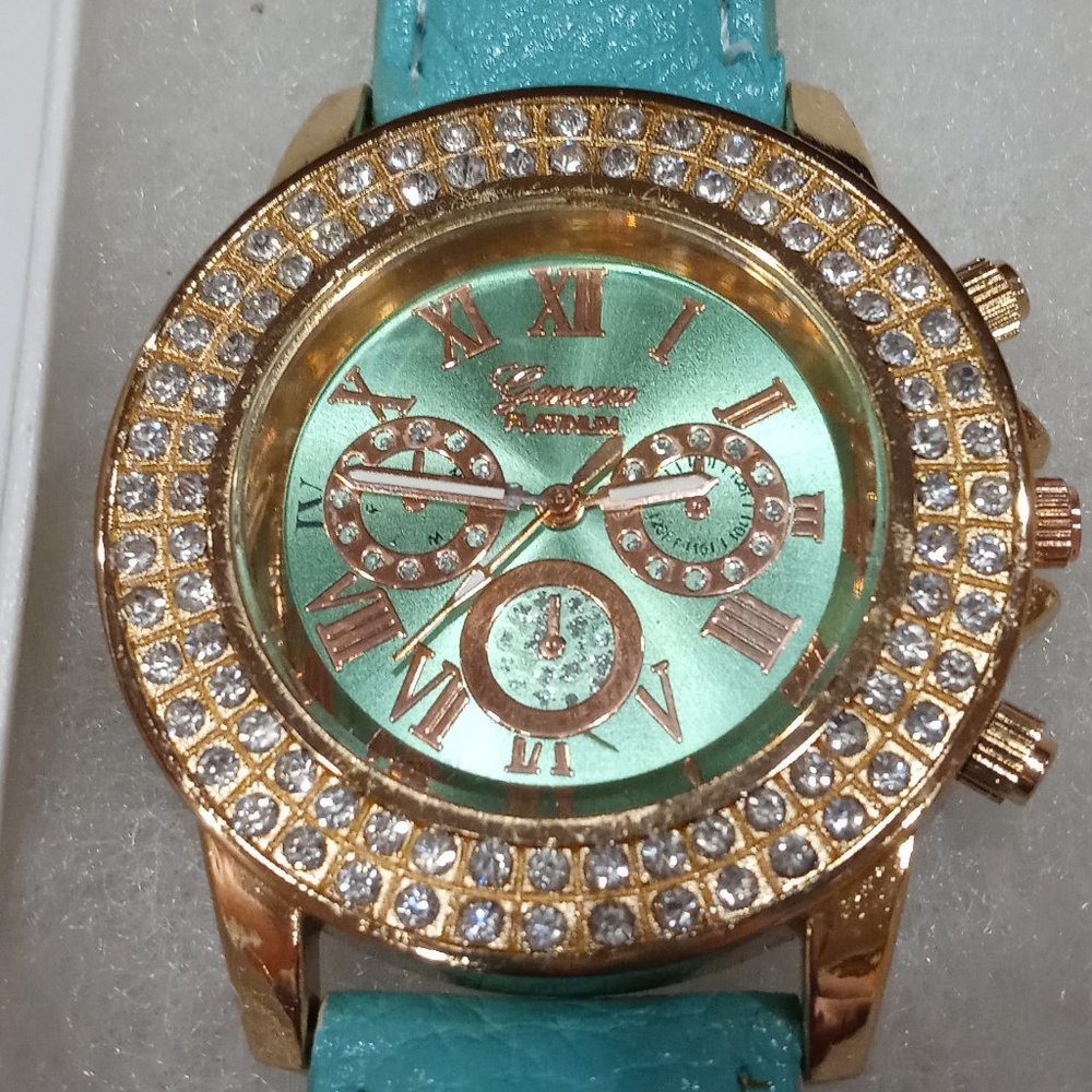 NWOT Geneva Gold & Teal Double Halo Watch